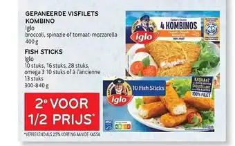 Alvo Gepaneerde visfilets kombino iglo, fish sticks iglo aanbieding