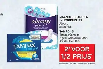 Maandverband en inlegkruisjes always, tampons tampax compak