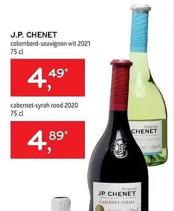 J.p. chenet colombard-sauvignon wit 2021, cabernet-syrah rood 2020