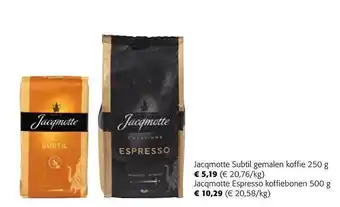 Colruyt Jacqmotte subtil gemalen koffie, jacqmotte espresso koffiebonen aanbieding