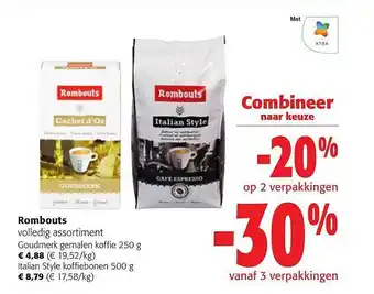 Colruyt Rombouts goudmerk gemalen koffie, italian style koffiebonen aanbieding