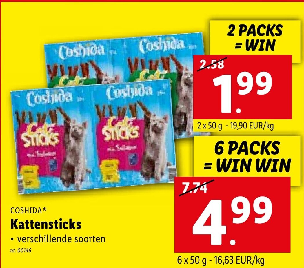 Coshida kattensticks 2x50G nr. 00146 promotie bij Lidl