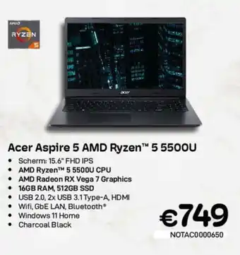 CompuDeals Acer aspire 5 AMD ryzen 5 5500U 16GB RAM 512GB SSSD aanbieding