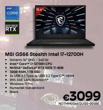 CompuDeals MSI GS66 stealth intel i7-12700H aanbieding