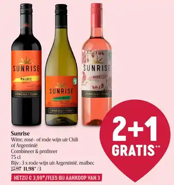 Delhaize Sunrise Witte of Rode Wijn Uit Chili Of Argentinië 75cl 2+1 Gratis aanbieding