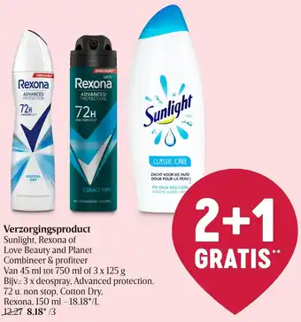 Delhaize Sunlight, Roxana of Love Beauty and Planet Verzorgingsproduct 2+1 Gratis aanbieding