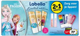 Kruidvat Labello 2+1 gratis lippenbalsem cherry shine + lippenbalsem frozen aanbieding