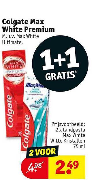 Kruidvat Colgate max white premium 1+1 gratis aanbieding