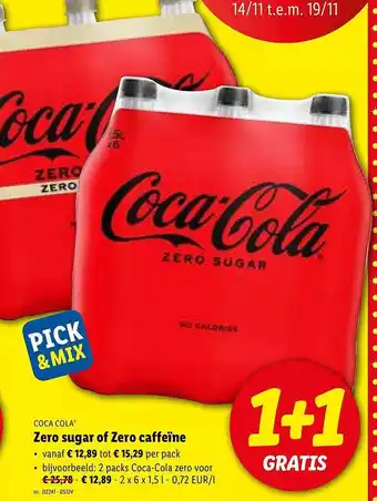 Lidl Cocacola zero sugar of zero caffeïne aanbieding