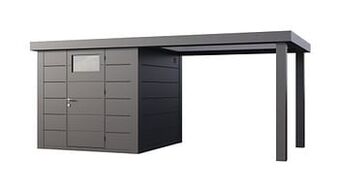 Makro Stalen tuinhuis Eleganto 240 x 240 cm enkele deur met open extensie rechts 280 cm + gratis drempeloprit t.w.v. € 99,00 aanbieding