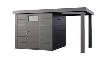 Makro Stalen tuinhuis Eleganto 240 x 240 cm enkele deur met open extensie rechts 170 cm + gratis drempeloprit t.w.v. € 99,00 aanbieding