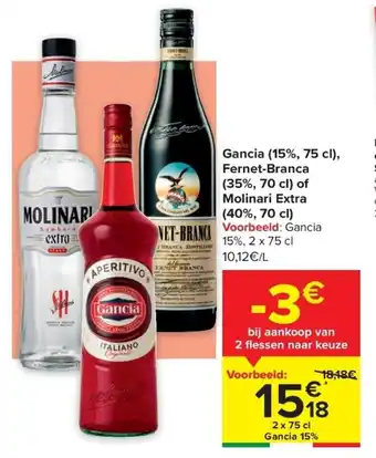 Gancia (15%, 75cl), Fernet-Branca (35%, 70cl) of Molinari Extra (40%, 70 cl)