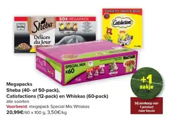 Carrefour Megapacks Sheba (40- of 50-pack), Catisfactions (12-pack) en Whiskas (60-pack) aanbieding