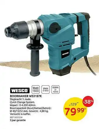 Brico Wesco Boorhamer Ws3187k 3 Jaar Garantie aanbieding