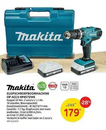 Brico Makita Klopschroefboormachine Op Accu Hp457dwe aanbieding