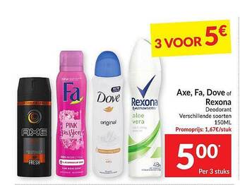 Intermarché Axe, Fa, Dove Of Rexona Deodorant aanbieding