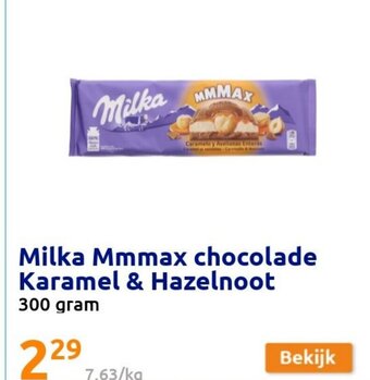 Action Milka Mmmax Chocolade Karamel & Hazelnoot 300gram aanbieding