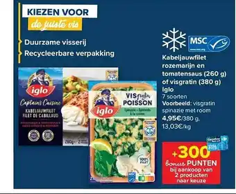 Carrefour Kabeljauwfilet rozemarijn en tomatensaus of visgratin iglo aanbieding
