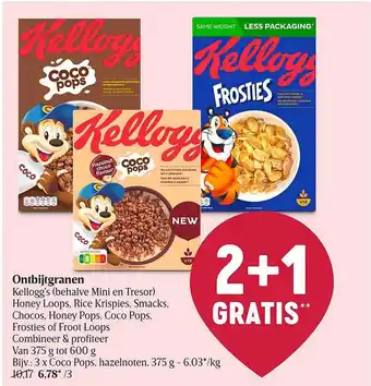 Delhaize Kellogg's, honey loops, rice krispies, smacks, chocos, honey pops, coco pops, frosties of froot loops ontbijtgranen aanbieding