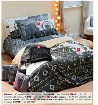 Carrefour Kussen, plaid, fluwelen jussen, dekbedovertrek + 2 slopen aanbieding