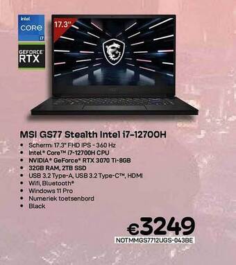 CompuDeals Msi gs77 stealth intel i7-12700h aanbieding