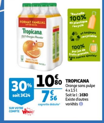 Auchan Tropicana Orange Sans Pulpe 4 x 1.5l aanbieding