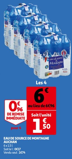 Eau De Source De Montagne Auchan 6 x 1.5L