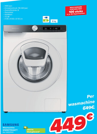 Carrefour Samsung Wasmachine WW80T554ATT Ref: 6602933 aanbieding