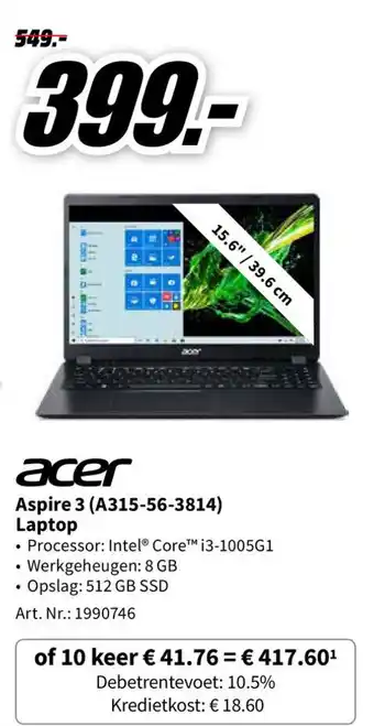 MediaMarkt Acer Aspire 3 (A315-56-3814) Laptop Nr. 1990746 aanbieding