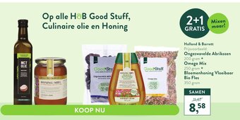 Holland & Barrett Holland & Barrett Ongezwavelde Abrikozen 200gram + Omega Mix 250gm + Bloemehoning Vloeibaar Bio Fles 350gram aanbieding