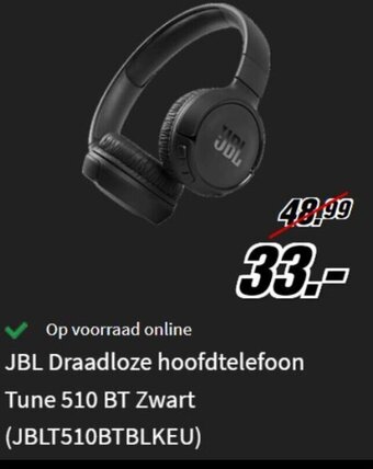 MediaMarkt JBL Draadloze Hoofdtelefoon Tune 510 BT Zwart (JBLT510BTBLKEU) aanbieding