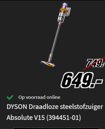 MediaMarkt Dyson Draadloze Steelstofzuiger Absolute V15 3994451-01 aanbieding