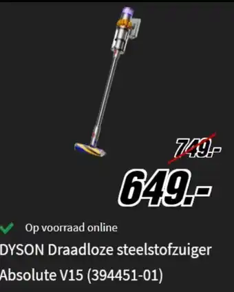 MediaMarkt Dyson Draadloze Steelstofzuiger Absolute V15 3994451-01 aanbieding