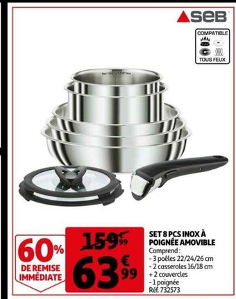 Auchan SEB Set 8 pcs Inox a Poignee Amovible aanbieding