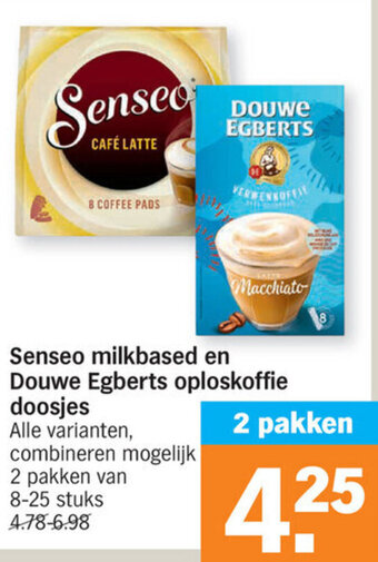 Albert Heijn Senseo milkbased en Douwe Egberts oploskoffie doosjes aanbieding
