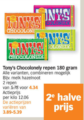 Albert Heijn Tony's Chocolonely repen 180 gram aanbieding
