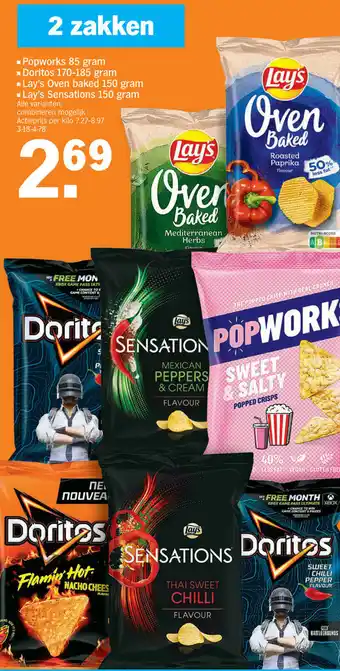 Albert Heijn Popworks 85 gram, Doritos 170-85 gram, Lay's Oven baked 150 gram, Lay's Sensations 150 gram aanbieding