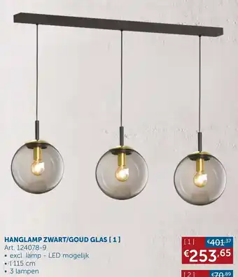 Zelfbouwmarkt Hanglamp Zwart/Goud Glas Art. 124078-9 3 lampen aanbieding
