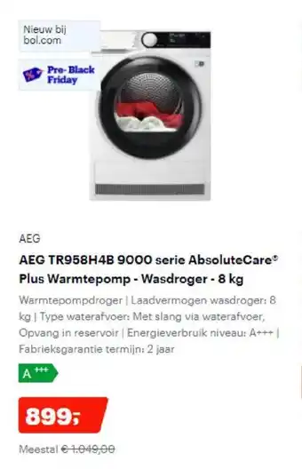 Bol.com AEG TR958H4B 9000 serie absolutecare plus warmtepomp 8kg aanbieding