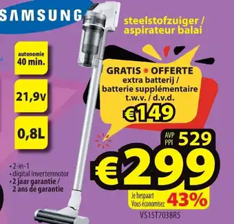 ElectroStock Samsung steelstofzuiger/aspirateur balai VS15T7038RS aanbieding