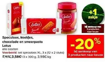 Carrefour Speculoos, koekjes, chocolade en smeerpasta lotus aanbieding