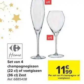 Carrefour Home set van 4 champagneglazen 22 cl of voetglazen 36 cl zest aanbieding