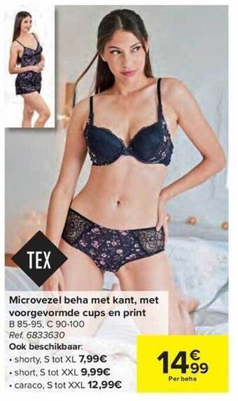 Carrefour Tex microvezel beha met kant met voorgevormde cups en print aanbieding