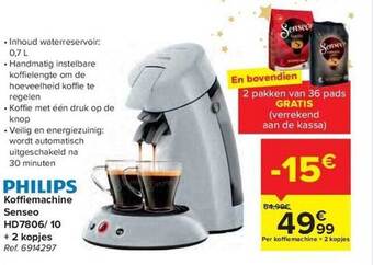 Carrefour Philips koffiemachine senseo hd7806-10 + 2 kopjes aanbieding