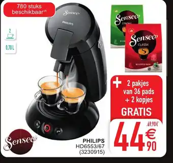 Cora Senseo Philips + 2 pakjes van 36 pads + 2 kopjes gratis aanbieding