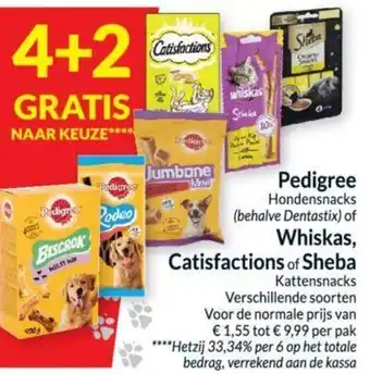 Intermarché Pedigree Hondensnacks of Whiskas, Catisfaction of Sheba Kattensnacks 4+2 Gratis aanbieding