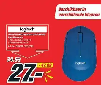 MediaMarkt Logitech m330 silent plus 910-004910 draadloze muis aanbieding