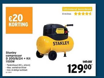 GAMMA Stanley compressor d 200 8 24 + kit 1100w aanbieding