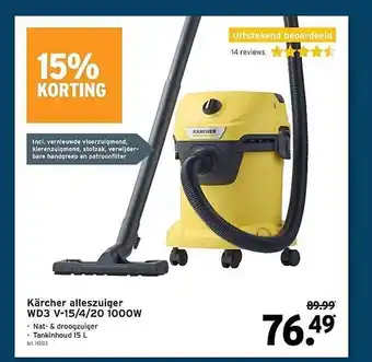 GAMMA Kärcher alleszuiger wd3 v-15 4 20 1000w 15% korting aanbieding