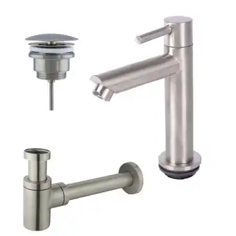 Sawiday Fortifura calvi fonteinkraanset met staande fonteinkraan laag, always open plug en design sifon pvd geborsteld rvs aanbieding